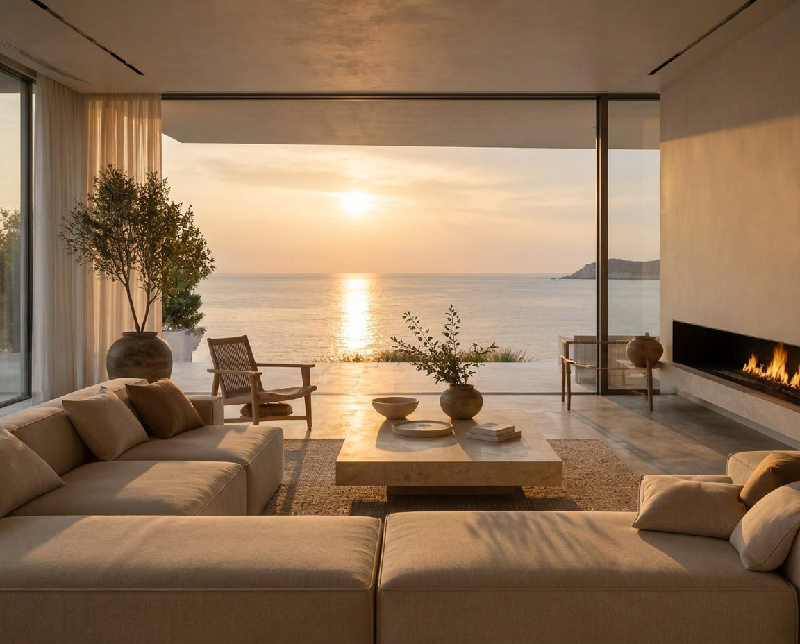 Interior moderno en tonos grises, blancos y beige con luz natural